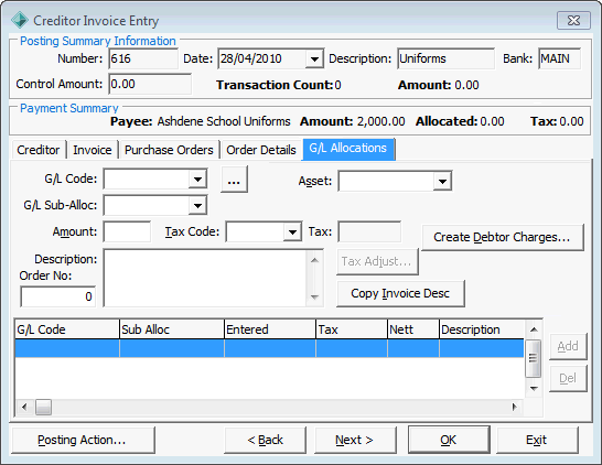 Creditor Invoice Entry - G/L Allocations tab
