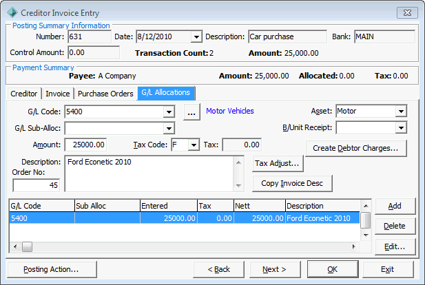 Creditor Invoice Entry - G/L Allocations tab (cut down)