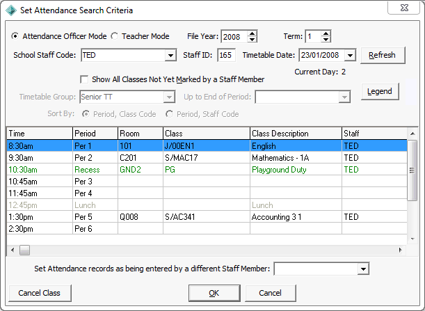 Set Attendance Search Criteria window (cut down)