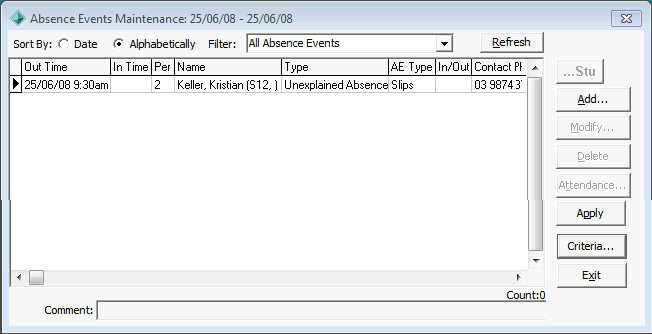 Absence Events Maintenance window