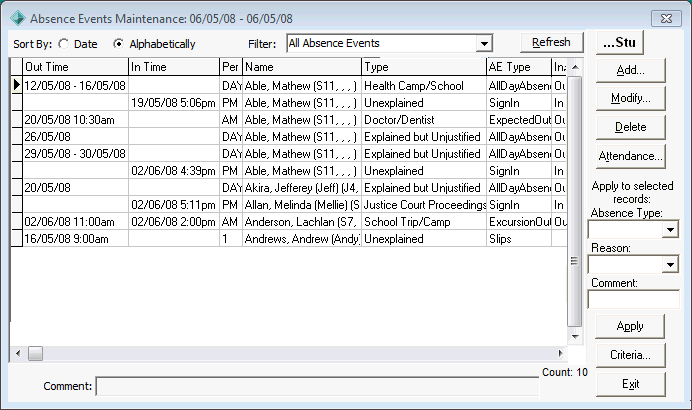 Absence Events Maintenance window