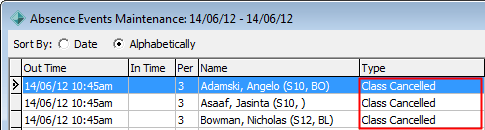 Absence Events Maintenance (Type - Class Cancelled highlighted)