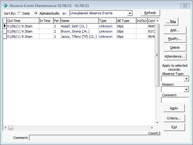 Absence Events Maintenance (unexplained absences filter)