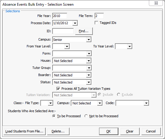 Absentee Bulk Entry - Selection Screen window