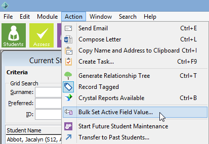 Action drop-down menu