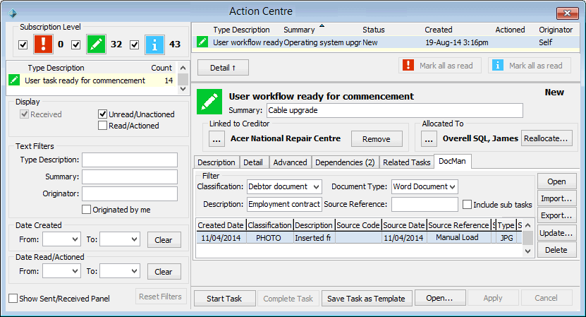 Action Centre - DocMan tab (cut down, further)