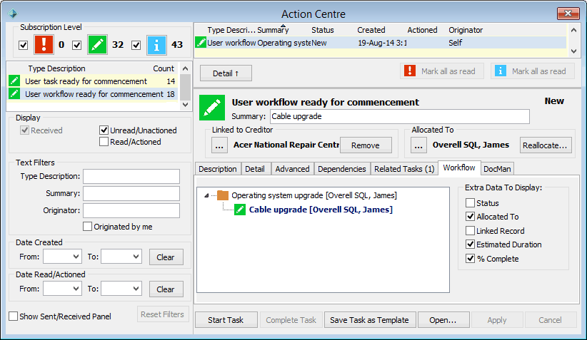 Action Centre - Workflow tab (cut down, further)