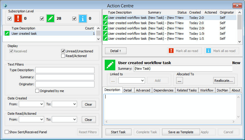 Action Centre window