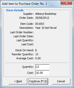 Add item to purchase order window