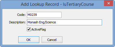 Add Lookup Record - luTertiaryCourse window