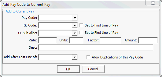Add Pay Code To Current Pay window