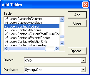 Add Tables window