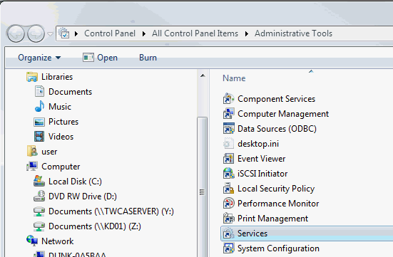 administrative tools - selecting services