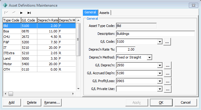 Asset Definitions Maintenance - General tab