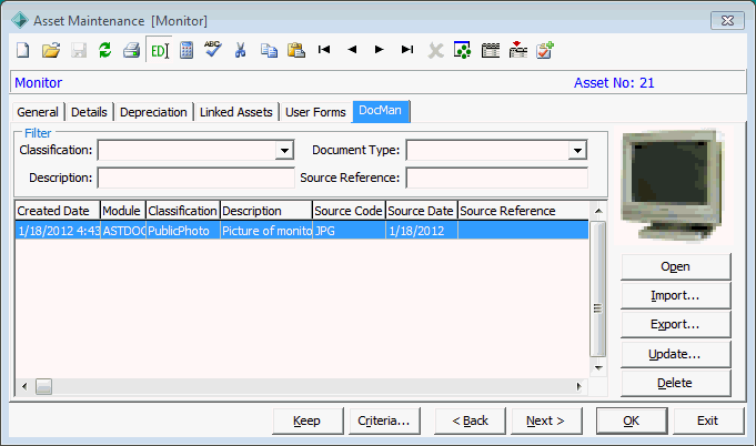 Asset Maintenance - DocMan tab