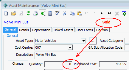 Asset Maintenance - General tab (Sold highlight, cutdown)