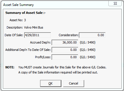 Asset Sale Summary window