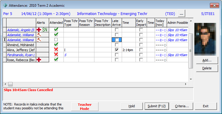 Attendance window (Initial, Teacher Mode, v64)