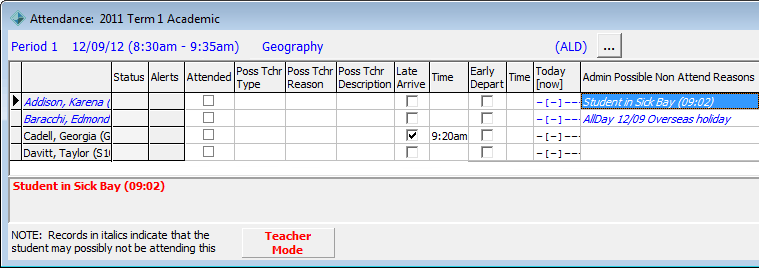 Attendance window - example of student possibly not attending