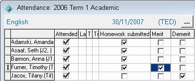 Attendance window - example of user-defined fields