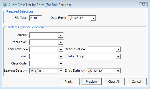 Audit Class List (for roll returns) window