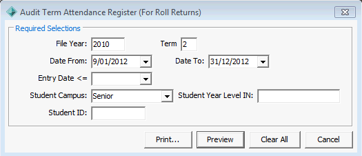 Audit Term Attendance Register (for roll returns) window