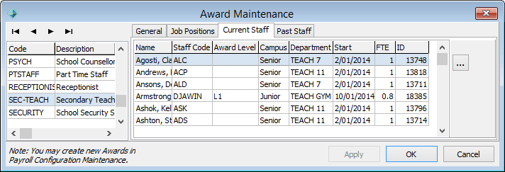 Award Maintenance - Current Staff tab