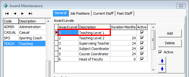 Award Maintenance - General tab (cut down,Awad level grid award description highlighted)