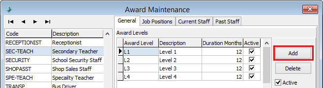 Award Maintenance - General tab (cut down,Award level Add highlighted)