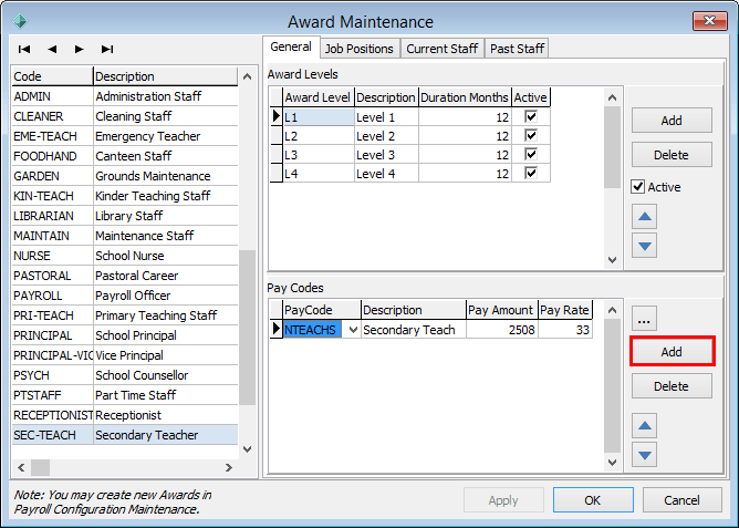Award Maintenance - General tab (Pay Codes area Add highlighted)