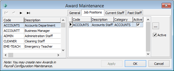 Award Maintenance - Job Positions tab