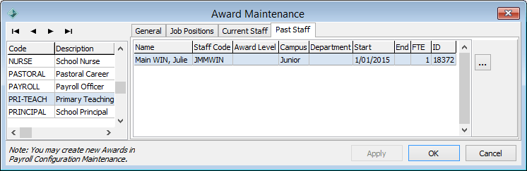 Award Maintenance - Past Staff tab