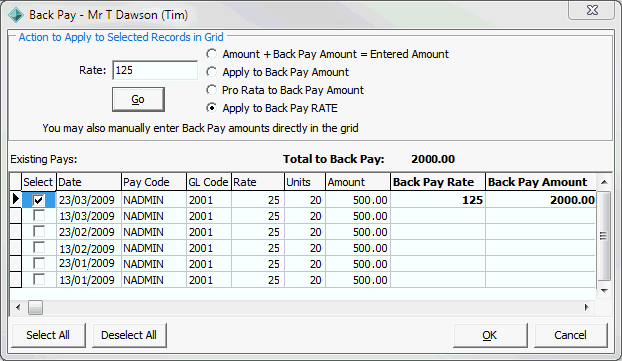 Back Pay (pay lines selected)