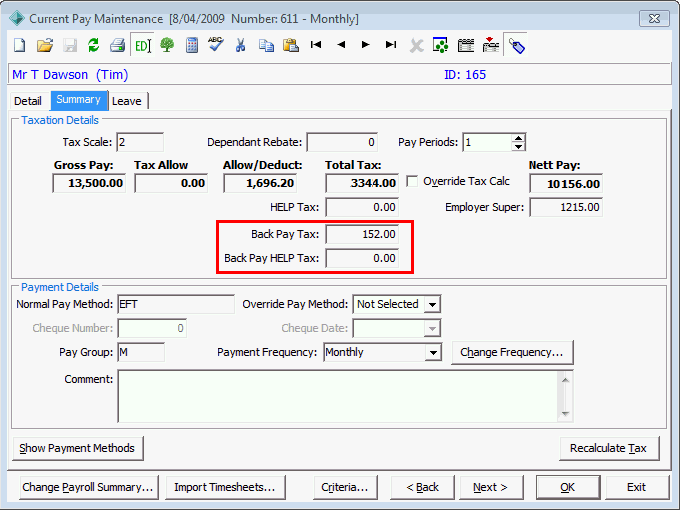 Back Pay (summary tab back pay tax)