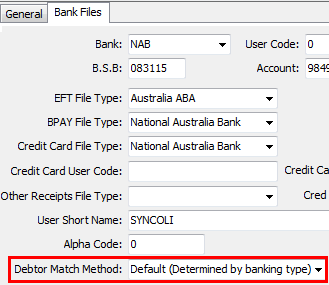 Banking Configuration Maintenance - Bank Files tab(cut down, debtor match field highlighted)