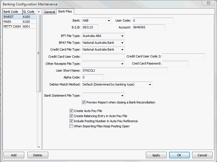 Banking Configuration Maintenance - Bank Files tab