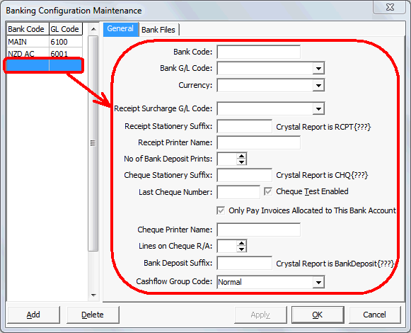 Banking Configuration Maintenance - General tab (Add record)
