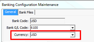 Banking Configuration Maintenance - General tab (cut down, currency highlighted)