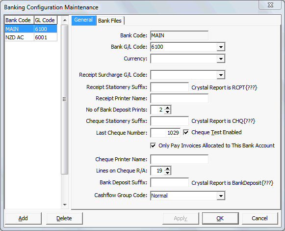 Banking Configuration Maintenance - General tab