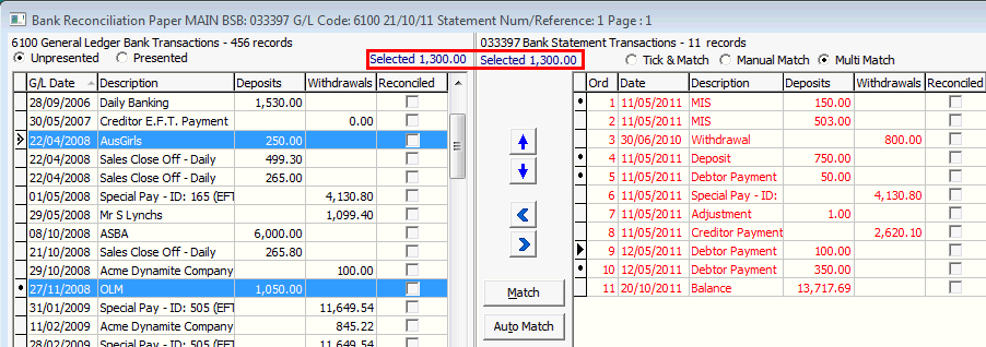 Bank Reconcilation Multi Match example (N to M) step 1
