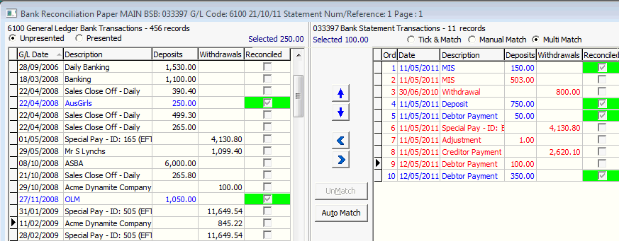 Bank Reconcilation Multi Match example (N to M) step 2