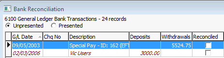 Bank Reconciliation - Unpresented (open posting)