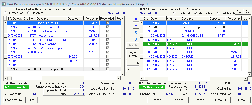Bank Reconciliation window