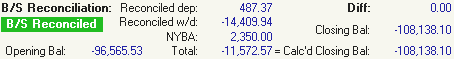 Bank Reconciliation Imported window (B/S Reconciliation area)
