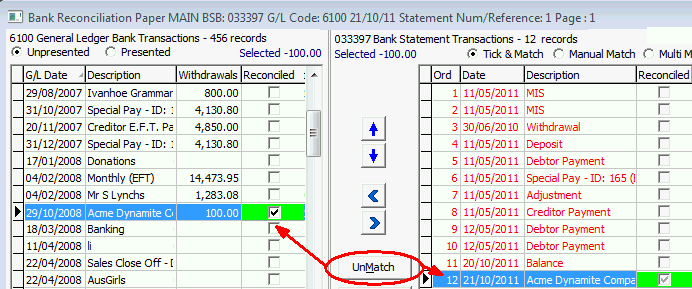 Bank Reconciliation Imported (unmatch example)