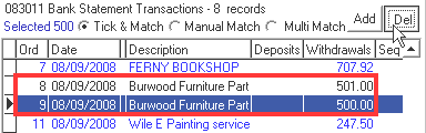 Bank Reconciliation window (right-hand pane, cut down)