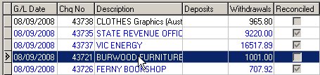 Bank Reconciliation window (left-hand pane)