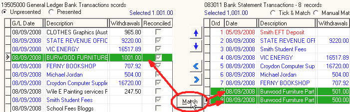Bank Reconciliation window (multi-match)