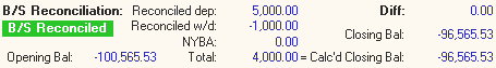 Bank Reconciliation window (B/S reconciliation area)
