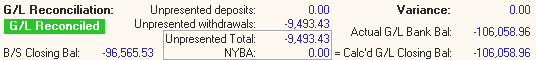 Bank Reconciliation window (G/L Reconciliation area)